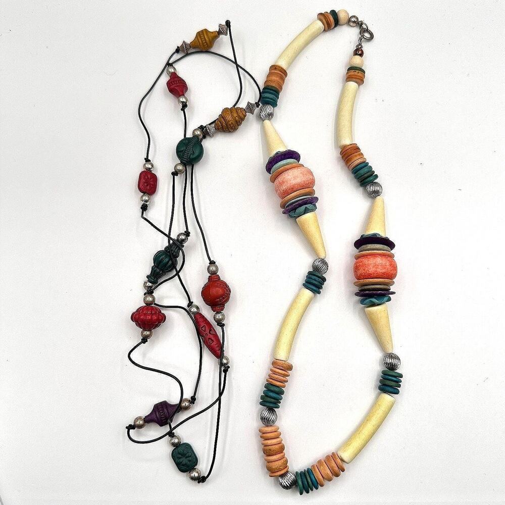 Vintage 80s Multi-Colour Boohoo Carved Wood & Bead Necklaces Jewelry
